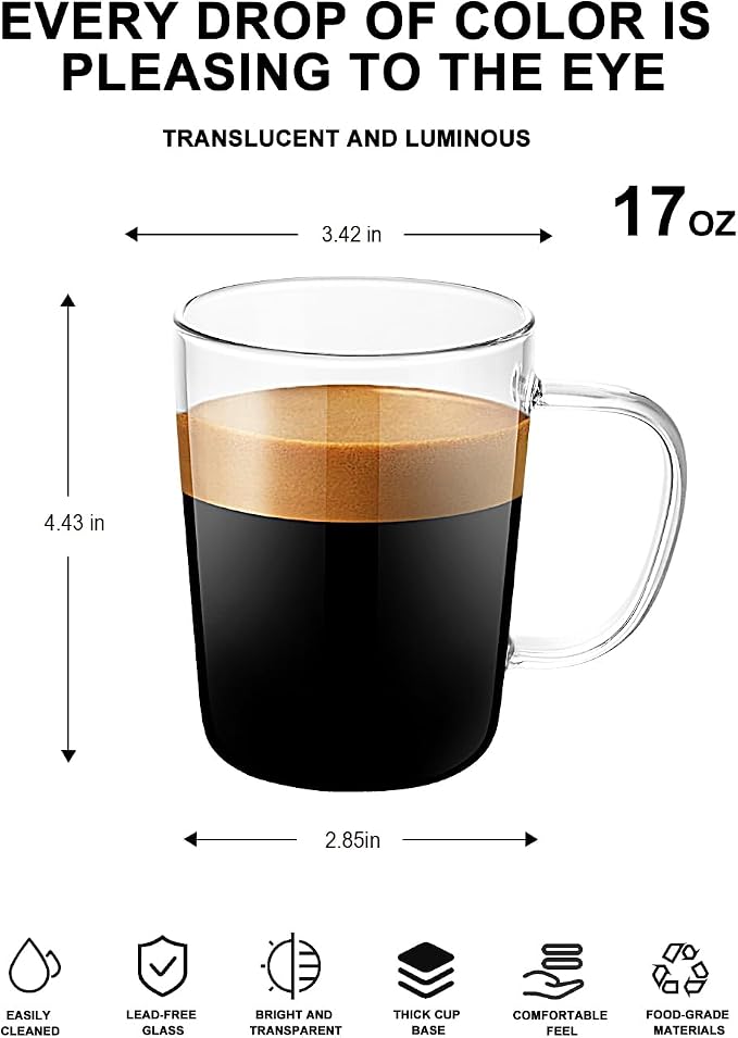 LUXU Glass Coffee Mugs, 17 oz Ice coffee cups, Large Beer Mugs Set of 4 |
