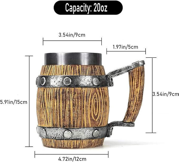 Nordic Viking Mug, pirate Beer Cup, Wooden Barrel Beer Mug Stainless Steel Liner