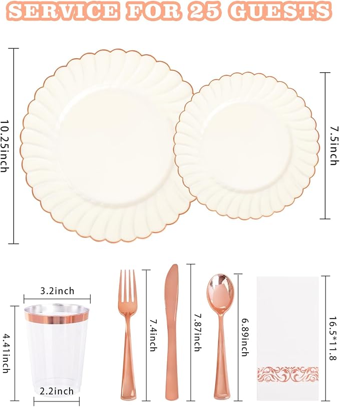 YOUBET 175PCS Ivory Scalloped Plastic Plates
