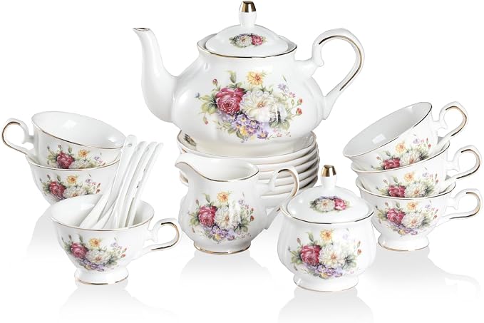Sweejar Porcelain Tea Set Vintage Floral, British Relief Gold Rim Teapot Cup