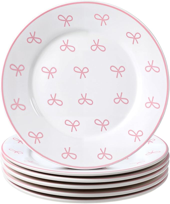 Honeydak 6 Pcs 6 Inch Pink Bow Ceramic Plates Coquette Bachelorette Tableware