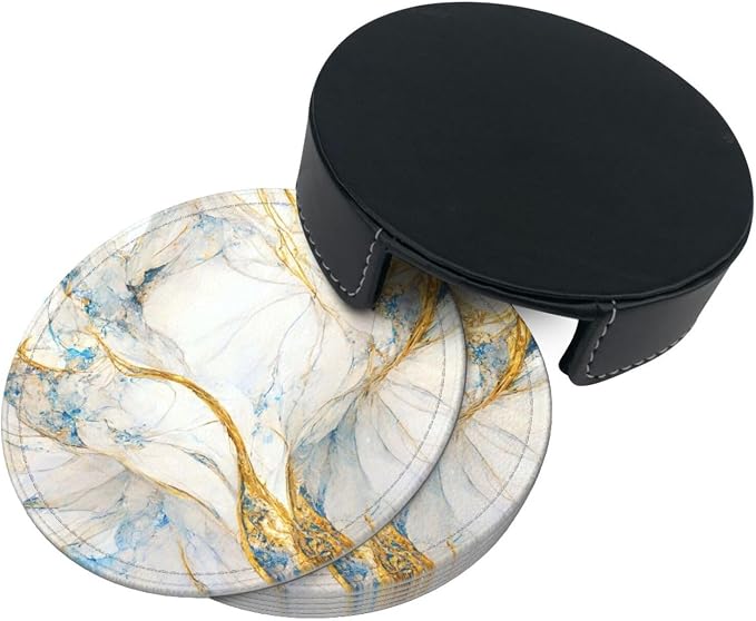 6 Pcs Abstract Luxury Blue Gold White Colors Marble Leather Coasters