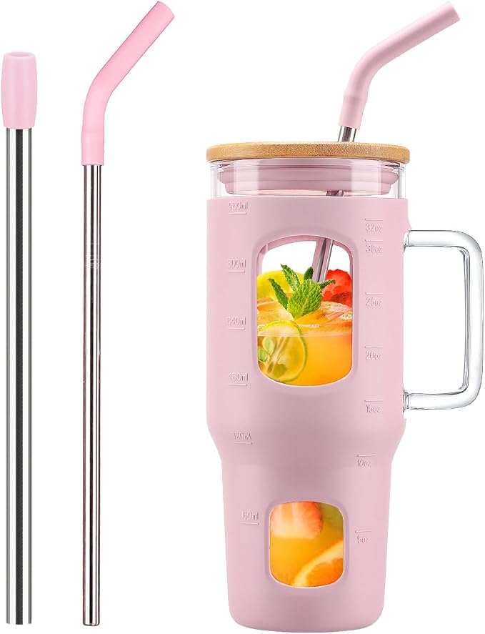 WINSA Glass Tumbler with Straw and Lid, 32 oz Glass Cup with Handle, Glass
