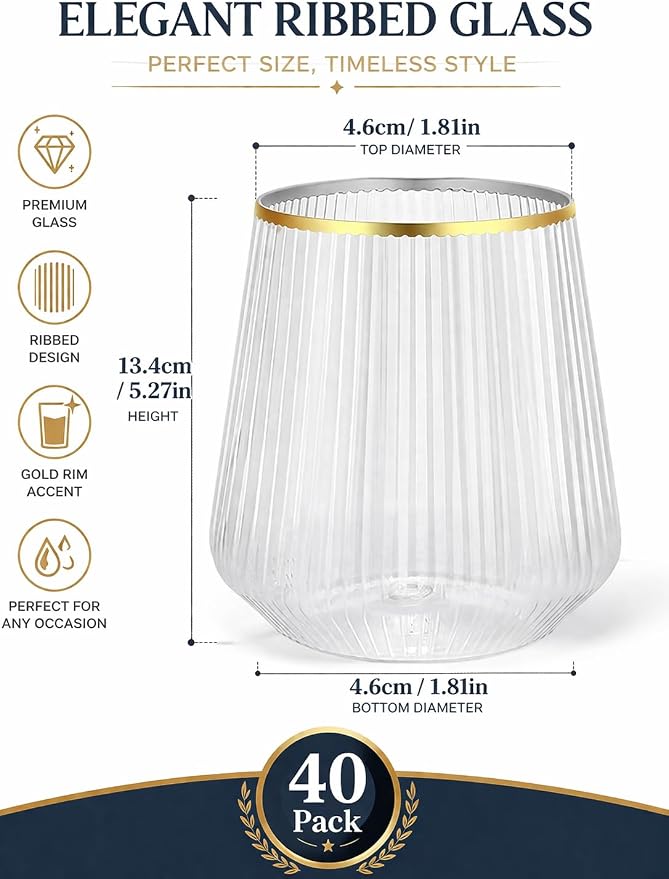 40 Pack 12oz Ribbed Gold Rim Disposable Wine Glasses, Plastic Cocktail Cup |