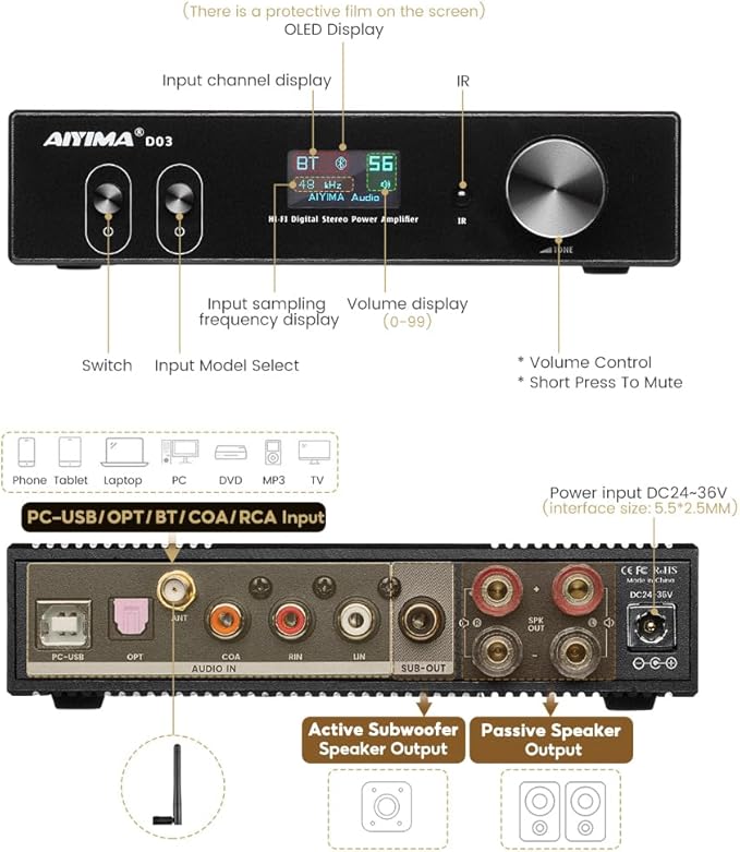 AIYIMA D03 Bluetooth 5.0 DAC Amplifier 150 Watt x 2 Stereo HiFi 2.1 CH Digital