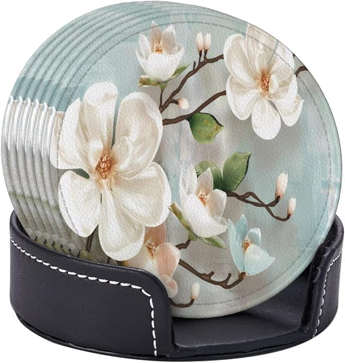 6 Pcs Spring White Blossom Magnolia Flowers Leather Coasters