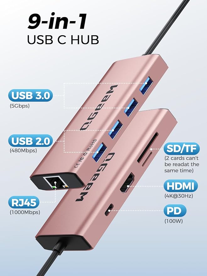 QGeeM USB C Hub Ethernet, 9 in 1 USB Type C Hub HDMI Multi-Port Converter