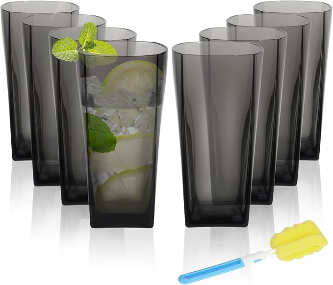 Goldmeet Black Glass Cups Set of 8, 20oz Shatterproof Square Tumblers | BPA-Free