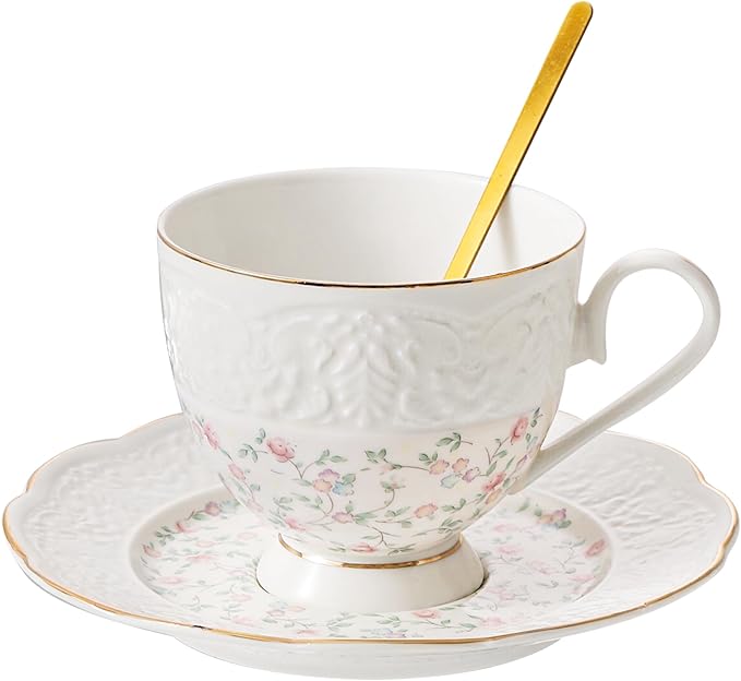 TATSUMI Interglio Embossed Bone China Tea Cup and Saucer Set, 3 Pieces Vintage