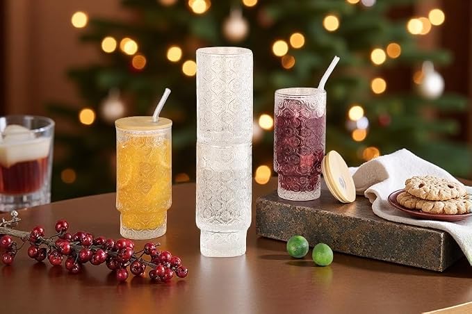 Vintage Glass Cups with Bamboo Lids and Straws–4Sets 11oz Iced Coffee Cups