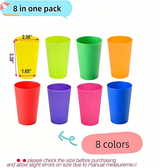 Set of 8, Mini Plastic Cups, Reusable Open Cups in 8 Colors, Stackable Water