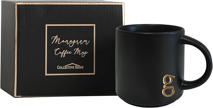 COLLECTIVE HOME Black Ceramic Coffee Mug, 15 oz Golden Monogram Tea Cup |