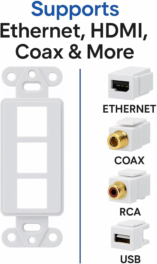 10 Pack Keystone Wall Plate 3 Port, Cat6 Cat5, Home & Office Installations