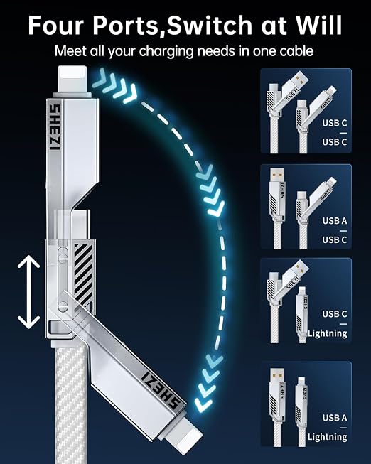 SHEZI 4-in-1 USB C Cable 60W 5FT Fast Charging Flat Nylon Braided Charger Cord