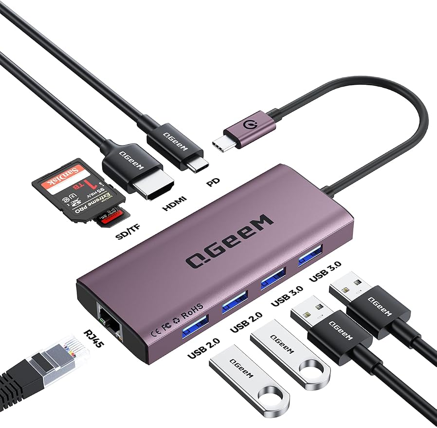 QGeeM USB C Hub Ethernet, 9 in 1 USB Type C Hub HDMI Multi-Port Converter
