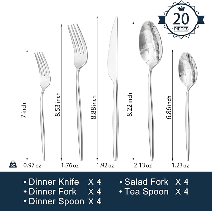 18/10 Silverware Set for 4, 20 Piece Stainless Steel Flatware Cutlery Set |