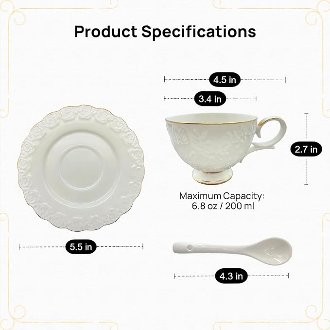 Tea Cup and Saucer Set for 1, 6.8 Oz | Coffee Cup