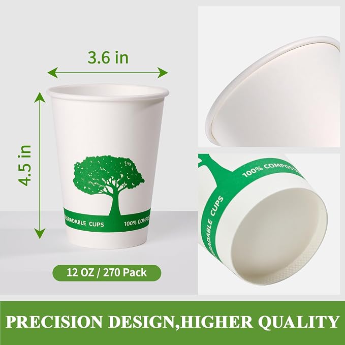 Vplus 270 Pack Compostable Paper Cups, 12 oz Paper Coffee Cups | Biodegradable