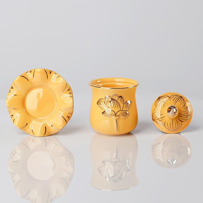 QINLANG Yellow Buddha Water Cup, Ceramic Holy Water Offering Cup