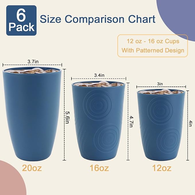 16oz Plastic Drinking Glasses, Wheat Straw Cups Set of 6