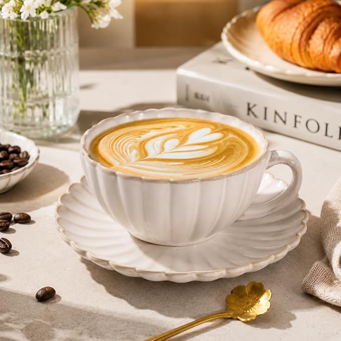 Ceramic Latte Cup with Saucer, 12 OZ Cappuccino Cup Vintage Cafe Art Cups