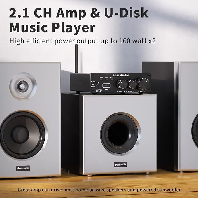Fosi Audio BL20C Bluetooth 5.0 Stereo Audio Receiver Amplifier 320 Watts 2.1 CH