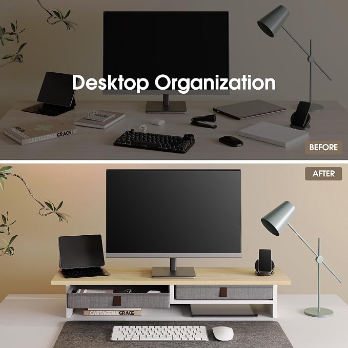Fenge Monitor Stand with Drawer, 2 Tiers Dual Monitor Riser