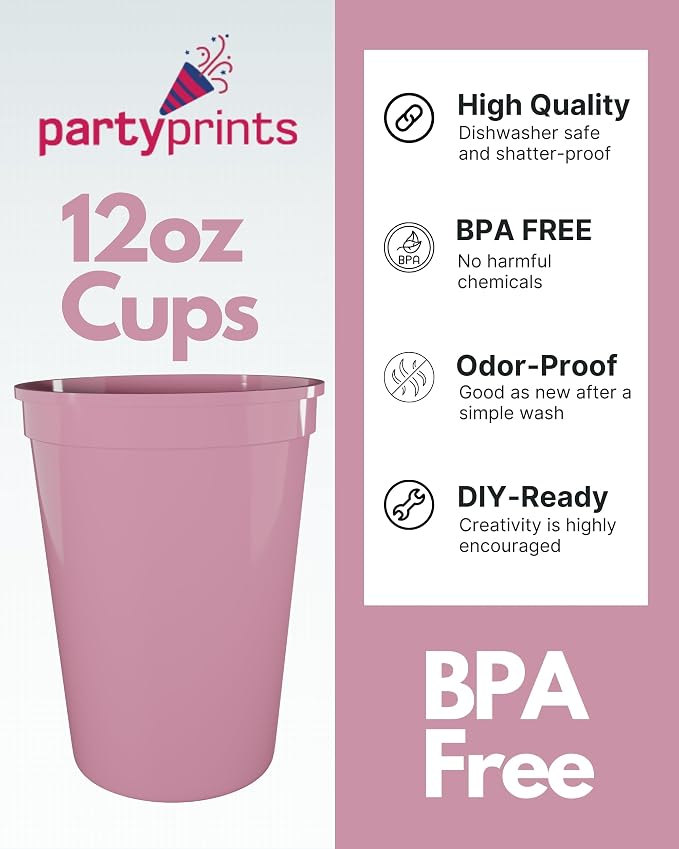 PartyPrints 10 Pack Small 10 to 12 oz Pink Reusable Blank Plastic Cups
