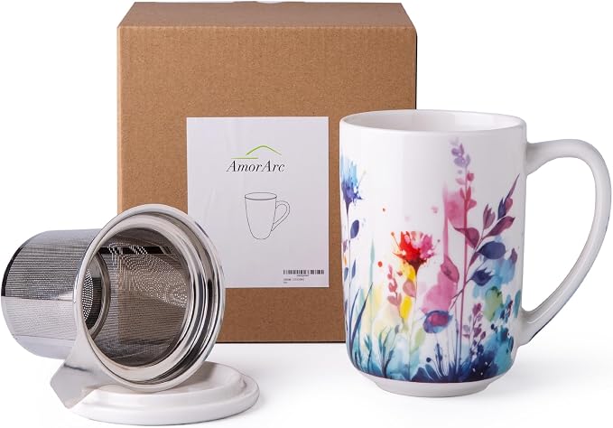 AmorArc Tea Cup With Infuser and Lid, 18oz Loose Leaf Tea Mug With Steeper |