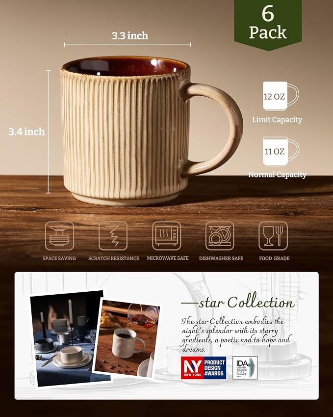 famiware Coffee Mug Set for 6, Star 12 oz Catering Mugs Cup Set