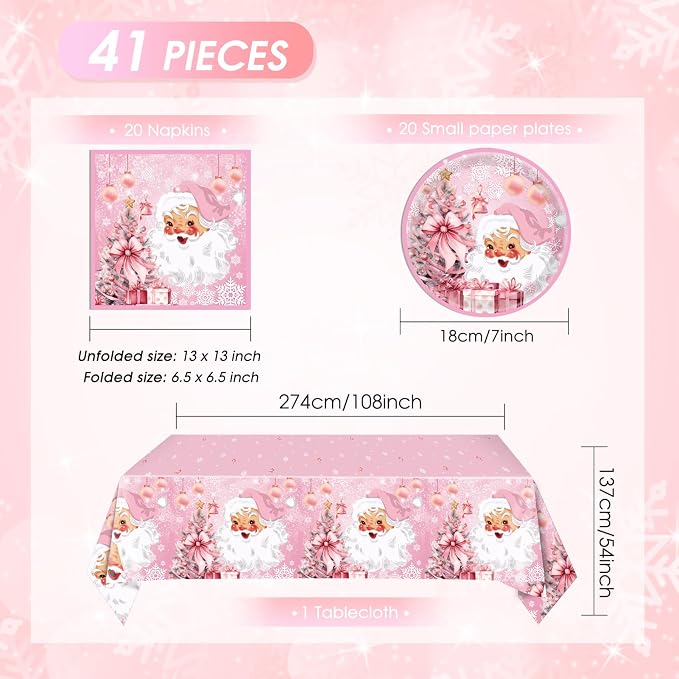 41Pcs Pink Christmas Party Decorations Christmas Tree Santa Claus Snowflake