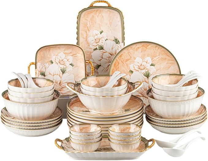 Ceramic Dinnerware Set, Floral Plates and Bowls Sets, Microwave & Dishwasher