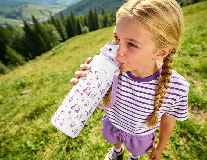 POWCAN Kids Water Bottle for School: 2-in-1 Straw Spout Lid