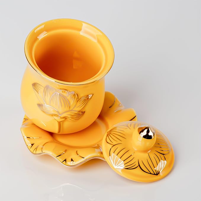 QINLANG Yellow Buddha Water Cup, Ceramic Holy Water Offering Cup