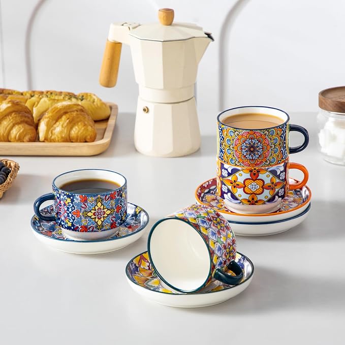 vancasso 8 Oz Espresso Cup Set of 4, Bohemian Ceramic