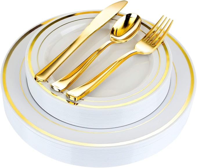 125-Piece White and Gold Fancy Plastic Plates Disposable