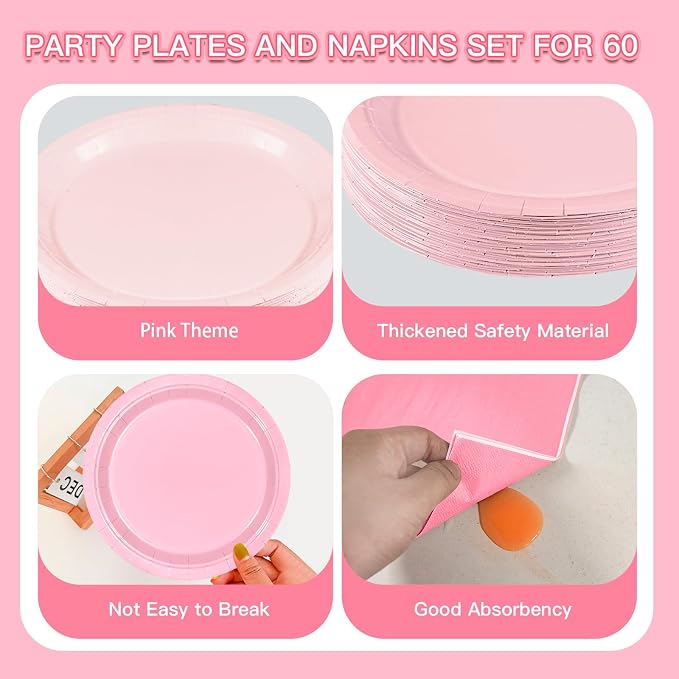 180Pcs Pink Party Supplies Paper Plates and Napkins Serve 60 | Disposable