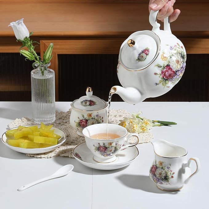 Sweejar Porcelain Tea Set Vintage Floral, British Relief Gold Rim Teapot Cup