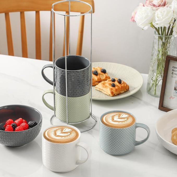 HASENSE Coffee Mugs with Metal Stand, 15 oz Ceramic Stackable Mug Set Embossed