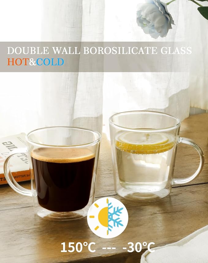 LIBWYS 12oz Double Wall Glass Coffee Mugs, Cappuccino Latte Tea Cups