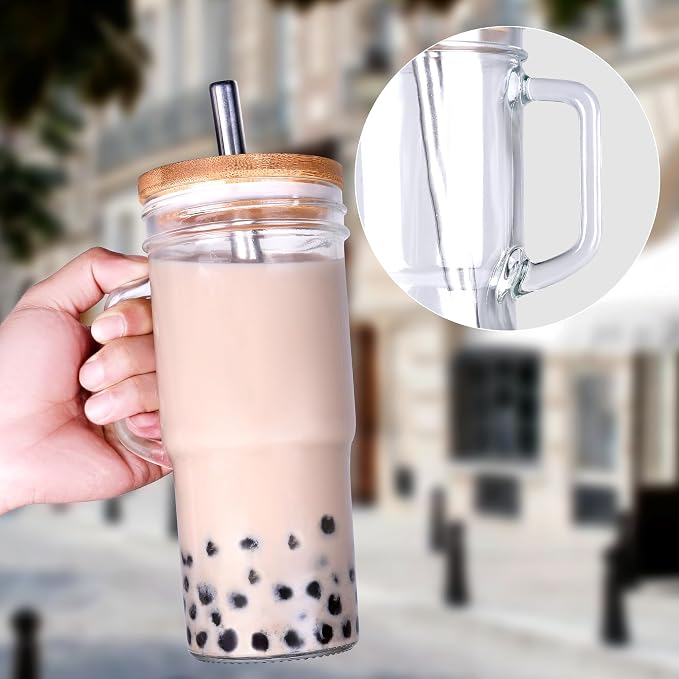 24oz Glass Cups with Lids and Straws