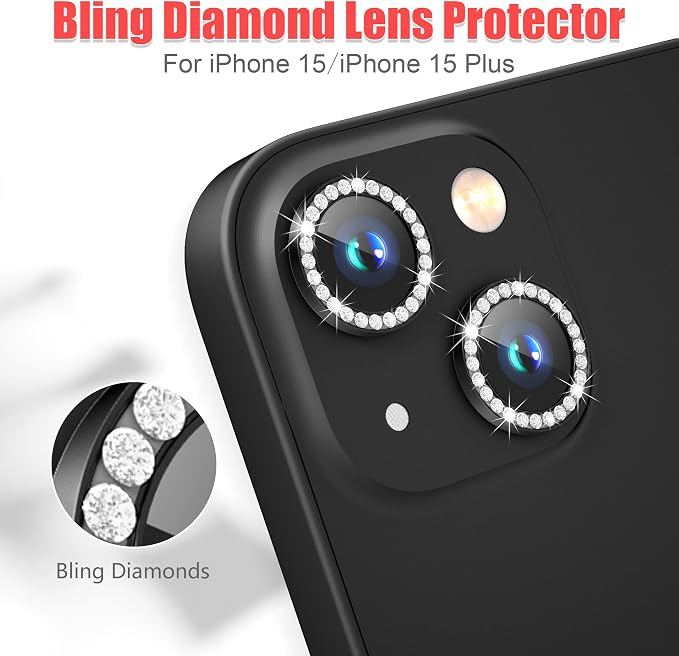 AGVEE 3+3 6 Pack for iPhone 15/15 Plus, Bling Diamond & Glitter Metal Ring 9H