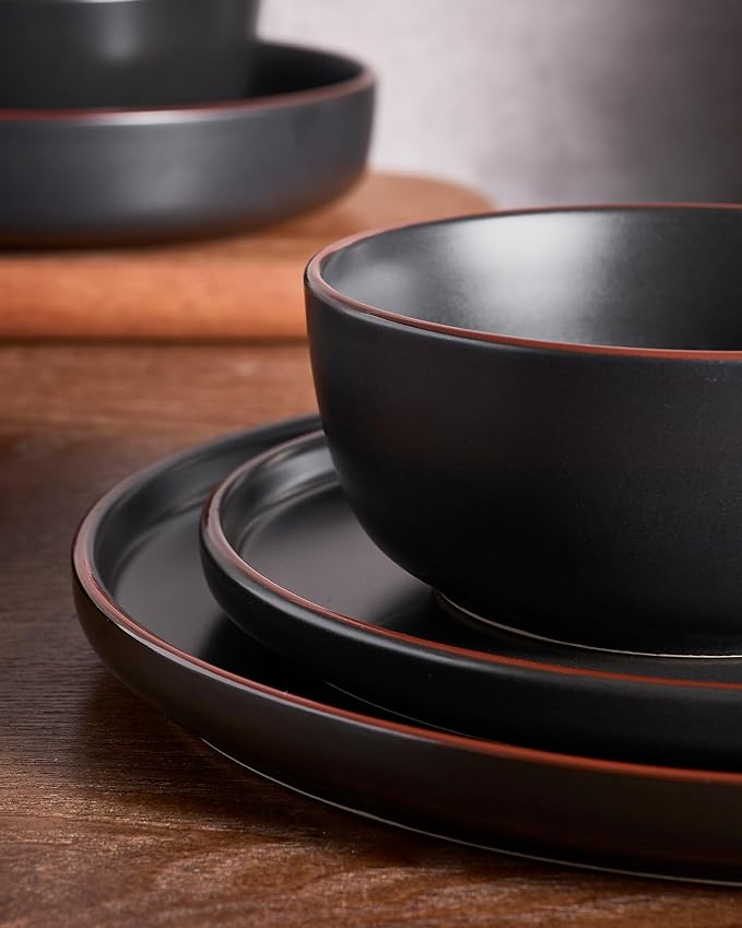 Famiware Mercury 18-Piece Stoneware Dinnerware Set, Matte Black | Plates and