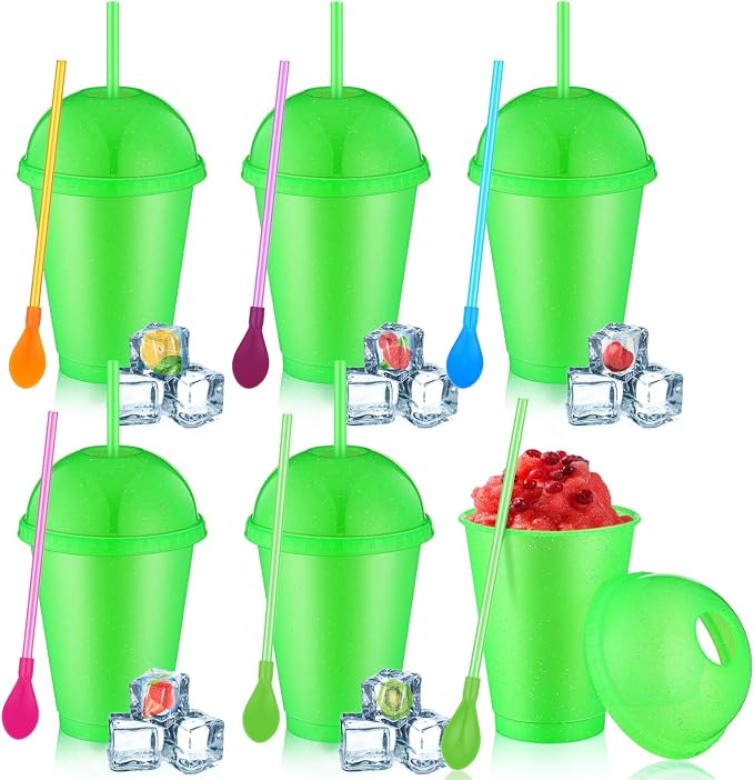 6 Set Slushie Cups with Dome Lids and Straws Detachable Spoon Straws Reusable