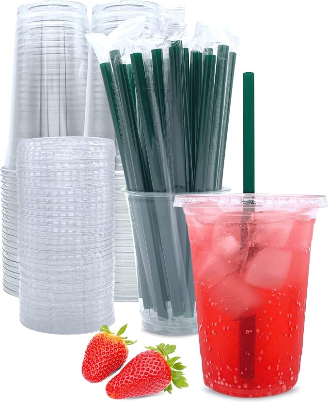 16 oz Clear Plastic Cups with Lids and Straws, Disposable Coffee Cups 25 Sets