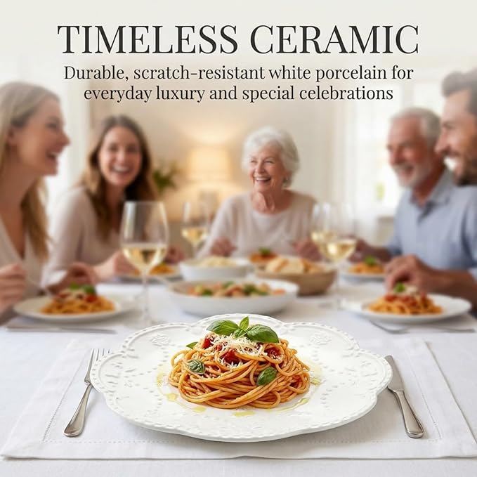 Tebery Set of 4 Ceramic Dinner Plate, 10.5 Inch Large Embossed Lace Salad