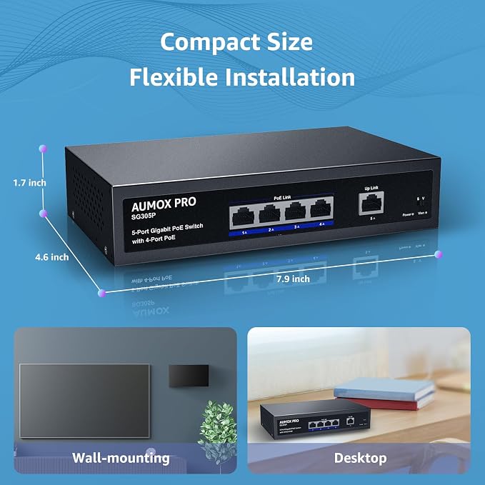 5 Port Gigabit PoE Switch, AUMOX PRO SG305P 4 Port PoE Gigabit Ethernet