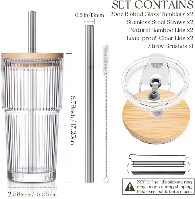 KEMORELA 20oz Ribbed Glass Tumblers