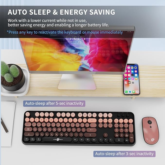 Wireless Keyboard and Mouse Combo, 104 Round Keys Cute Colorful Keyboard and