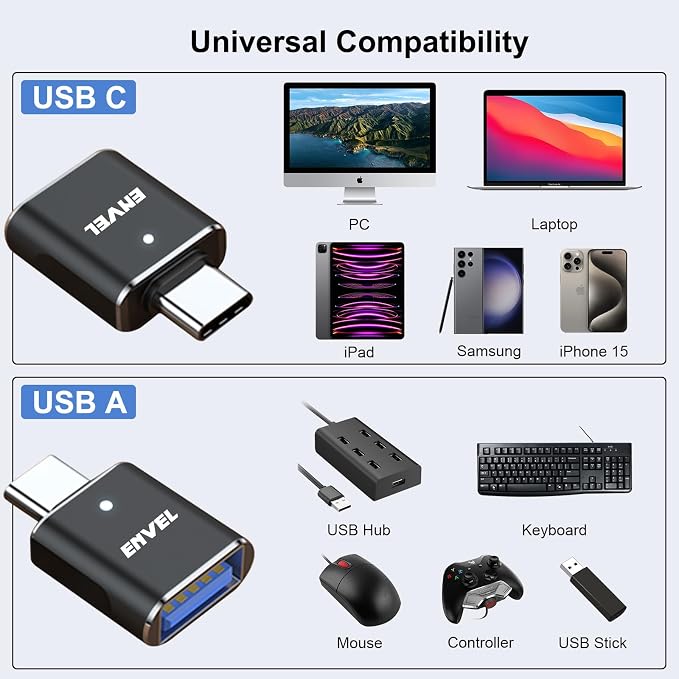 ENVEL USB to USB C Adapter, USB3 5Gbps High Speed Data Transfer, OTG Converter